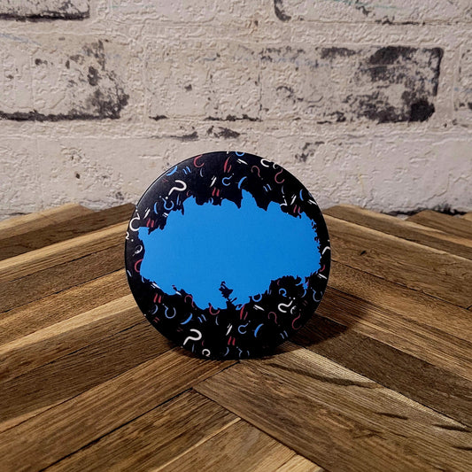 "Wo Warum Wer" Tischaufsteller Button, beschreibbar